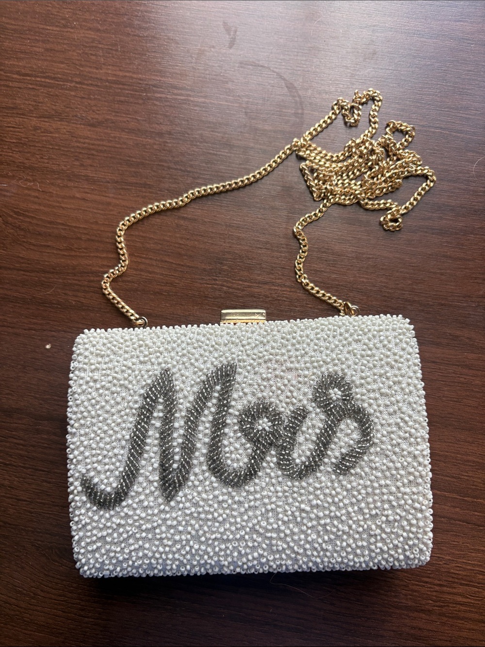 Pearl Beaded Clutch with ‘Mrs’ Metallic Script and Gold Chain - Picture 2 of 7